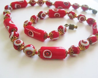 Red Millefiori Murano Necklace / Hand Knotted Venetian Glass Beads / Vintage Italian Jewelry