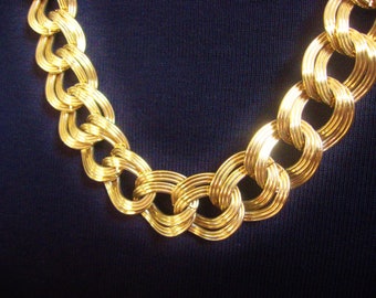 Monet Double Link Curb Chain Necklace / Gold Tone Chunky Statment Piece / Designer Signed Bold Chain