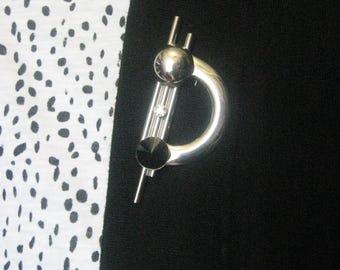 Large Silver Tone Brooch / Abstract Pin with Rhinestone and Bars / Y2K Statement Jewelry