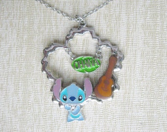 Disney Necklace / Lilo and Stitch / 3D Charm with Ohana Guitar and Flower / Rare Disney Jewelry