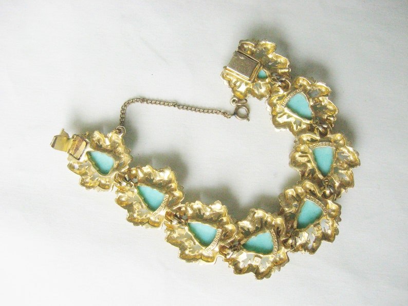 Rousseau Gold and Turquoise Link Bracelet / Vintage Signed Jewelry image 4