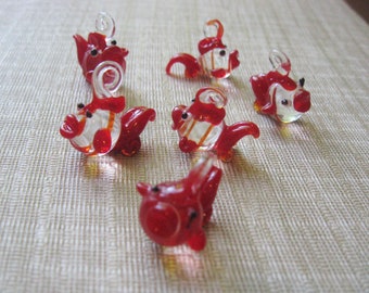 Jewelry Destash, Fish Charms / Set of 6 Lampwork Red & Clear Fish / Unique Handmade Charms / Jewelry Supplies