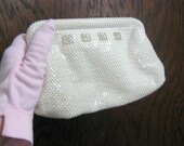 Mesh Clutch with Rhinestones by Lumured, Small Cream Purse, Vintage White Bag, Easter Purse, Mother's Day
