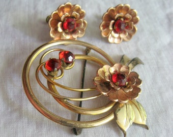 Harry Iskin Brooch Pin and Earrings Set / Gold Filled Set with Red Stones / "HI" Signed Pin / Screw Back Earrings