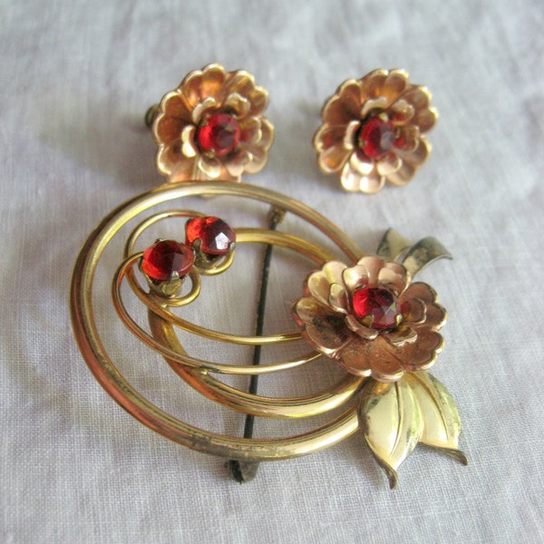 Harry Iskin Brooch Pin and Earrings Set / Gold Filled Set with Red Stones / "HI" Signed Pin / Screw Back Earrings