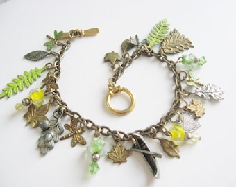 Woodland Charm Bracelet / Leaves, Trees, Dragonflies, Canoe / Forest Jewlery / Camping