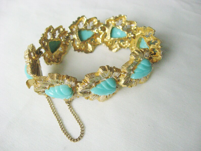 Rousseau Gold and Turquoise Link Bracelet / Vintage Signed Jewelry image 3