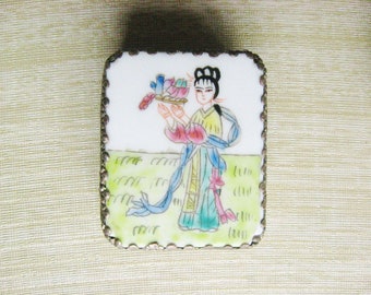 Asian Design Metal Box with Ceramic Lid / Trinket Jewelry Box and Lid / Hand Painted Asian Lady