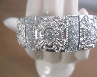 Silver Tone Clamper Bracelet / Large Glitzy Hinged Bracelet