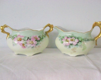 Antique Sugar and Creamer from Austria / Mint Green with Gold Trim and Pink Flowers / Hand Painted / Cottage Chic