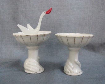 Pair of Miniature Birdbaths / Basin with Grasping Hand / Vintage White Ceramic Small Bowls / Fairy Garden Supply / 1:12 Scale