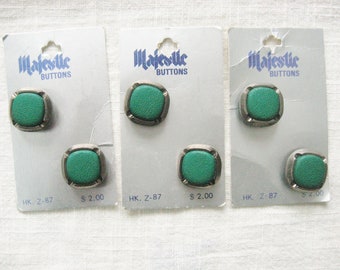 Set of 6 Green Buttons on Cards / Dark Gray Setting / Plastic Shank Buttons from Majestic / Gunmetal / Reuse / Repurpose/ Supply