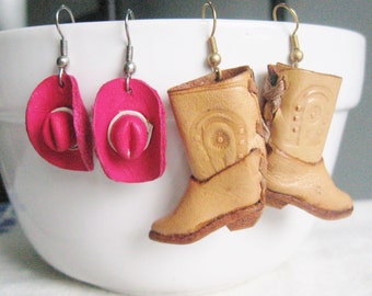 Western Leather Cowboy Earrings / Boots and Hats Pierced Earrings / 2 Pair Cowgirl Earrings / Handmade Western Leather Earrings