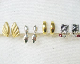 4 Pairs of Silver, Gold, Signed Earrings / Napier / Monet / Vintage Small Clip Earrings / Jewelry Earring Lot