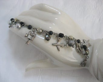 Travel Charm Bracelet / Airplane, Sunglasses, Flamingo / Vacation Bracelet /  Vintage Silver Tone Jewelry