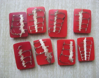 Jewelry Destash / Sliced Cerithium Shell Beads in Red Plastic / Set of 8 Unique Double Hole Rectangular Beads / Supplies