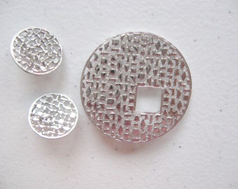 Silver Tone Pin and Earrings Set / Round Cutout Clips and Brooch with Square Window / Retro Jewelry Set / C. 1970s /  Gift for Her