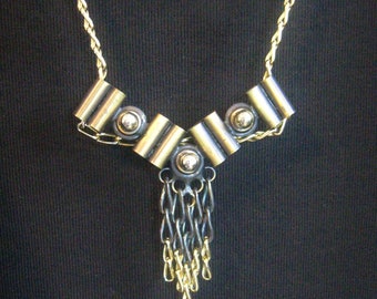 Brass Bib Necklace / Geometric Pendant / Gold Tone Chain Dangles