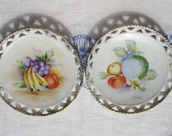 Pair of Small Hand Painted Plates / Porcelain Plates with Cutouts and Fruit / Made in Japan / Mid Century Décor