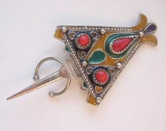 Large Enamel Medieval Style Brooch / Celtic Brooch with Cabochons, Spike, Penannular Ring