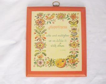 MCM 1960s Wood Wall Art / Buzza Cardozo Happiness Motto / Groovy Décor