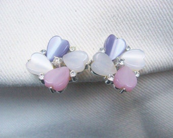 Lisner Pastel Earrings / Pink, Purple, White Hearts / Vintage Lucite and Rhinestone Screw Backs