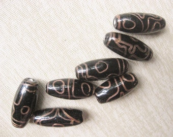 Jewelry Destash, 7 Black Tube Beads / Lampwork Black and Copper Beads / Large Pendant / Craft Jewelry Lot / Supply