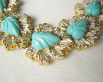 Rousseau Gold and Turquoise Link Bracelet / Vintage Signed Jewelry