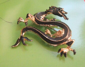 Black Dragon Brooch / Vintage 3D Coiled Dragon Pin / Fantasy Jewelry