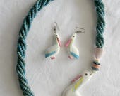Pelican Necklace and Earrings, Turquoise and White Set of Bird Jewelry, Pelican Jewelry