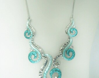 Silver and Turquoise Green Bib Necklace / Statement Piece / Gift for Her / Mother's Day