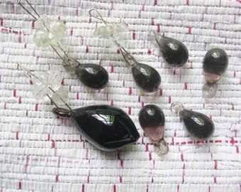 Jewelry Destash / Set of 7 Handmade Glass Drops / Dark Teardrop Charms / 6 Medium and 1 Large Pendant / Jewelry and Craft Supplies