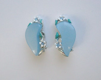 Blue Lucite Clip Earrings / Mid Century Earrings with Enamel and Rhinestones / slad;lfj