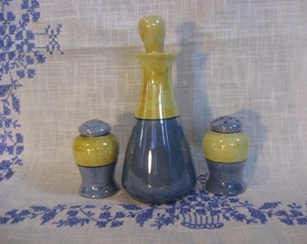 Lusterware Salt, Pepper and Cruet Set / Hand Painted Blue and Yellow / Made in Japan / Mid Century