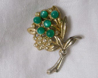 Green Moon Glow Brooch with Rhinestones / Shabby Chic Floral Pin