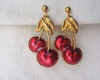 Avon Cherry Clip Earrings / Dangly Red and Gold Earrings / Summer Jewelry
