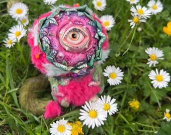 OOAK Clay Cyclops Art Doll • Handmade Fantasy Creature • Green Fur Monster • Unique Collectible Sculpture
