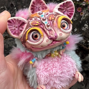 Magical kitten, kind keeper - ooak clay creature fantasy baby beast toy natural clay figurine blue fur, kawaii fairy tale gift.