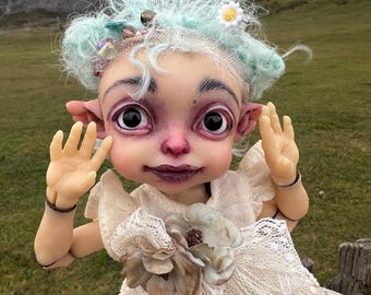 OOAK BJD Elf Doll - Handcrafted blue -Haired Forest Fairy - Unique Collectible Art Doll