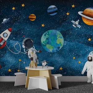 Papel tapiz del espacio exterior para habitación infantil, mural de astronauta y cohete, arte mural de planetas galácticos, papel tapiz con temática espacial para guardería.