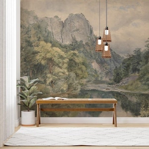 Vintage Landscape Wall Mural: Countryside Mountain River View