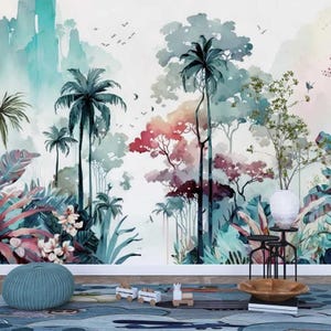 Papier peint aquarelle jungle tropicale : papier peint arbres et feuilles colorés