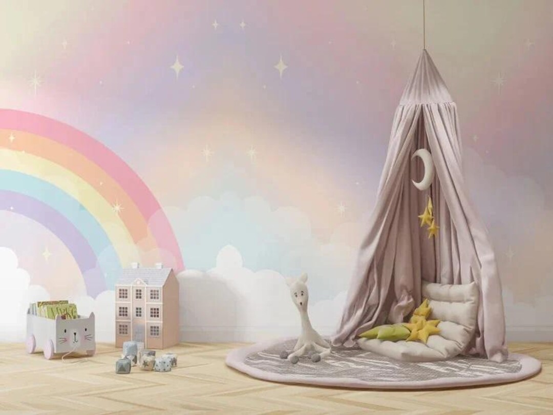 Pastel Rainbow Nursery Wallpaper: Dreamy Clouds and Stars Wall Mural - Etsy