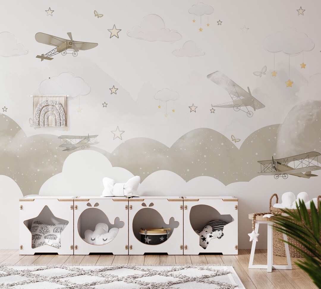 Vintage Airplane Nursery Wallpaper: Neutral Sky Mural - Etsy