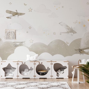 Vintage Airplane Nursery Wallpaper, Neutral Baby Room Wall Mural with Clouds Stars and Planes, Boys Girls Kids Room Sky Theme Decor
