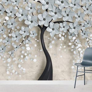 Carta da parati murale con albero in fiore bianco in 3D - Carta da parati con fiori bianchi in 3D su rami di alberi neri - Carta da parati murale in rilievo rimovibile