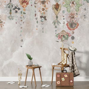 Carta da parati con motivo floreale ad acquerello Boho, murale con arte etnica con gioielli, murale morbido ispirato al mandala da staccare e attaccare per soggiorno o studio Boho