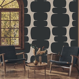 Carta da parati moderna, astratta, retrò, geometrica, nera, murale con motivo audace di metà secolo per il soggiorno, sfondo decorativo in stile scandinavo
