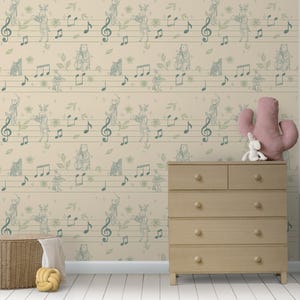 Tierorchester Kinderwandbild, Musikalische Waldtapete, Kinderzimmer-Tiermusik-Thema, niedliche Waldfreunde Wandkunst