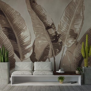 Tropisches Bananenblatt-Tapeten-Wandbild in warmen Erdtönen, neutrale braune botanische Wandkunst für Wohnzimmer- oder Schlafzimmerdekor